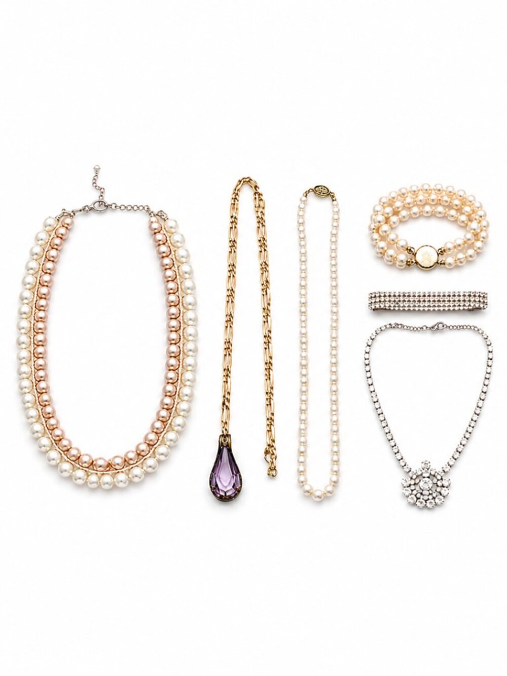 VINTAGE Necklaces & Bracelets (lot of 6) Pearls Rhinestones Jewels